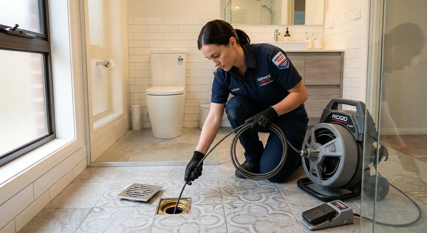 Technician clearing a bathroom floor drain for Drain Cleaning in Union